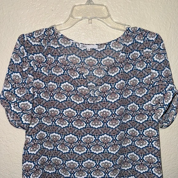 DR2 Women’s Medium Mosaic Print Cinched V-Neck Blouse Short Sleeve Top - Picture 2 of 12